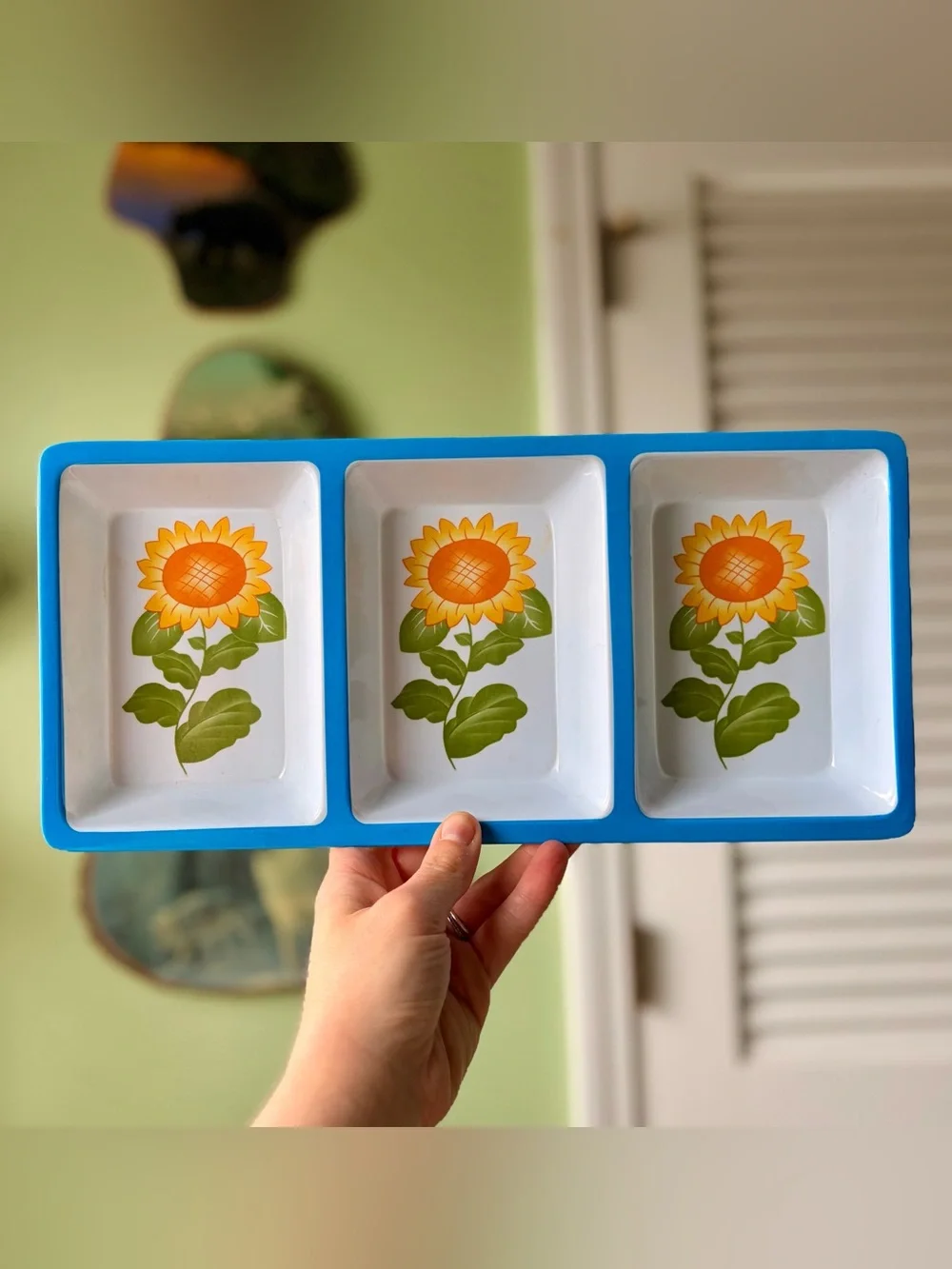 Blue Sunflower Divided Serving Tray - White & Green Floral Design